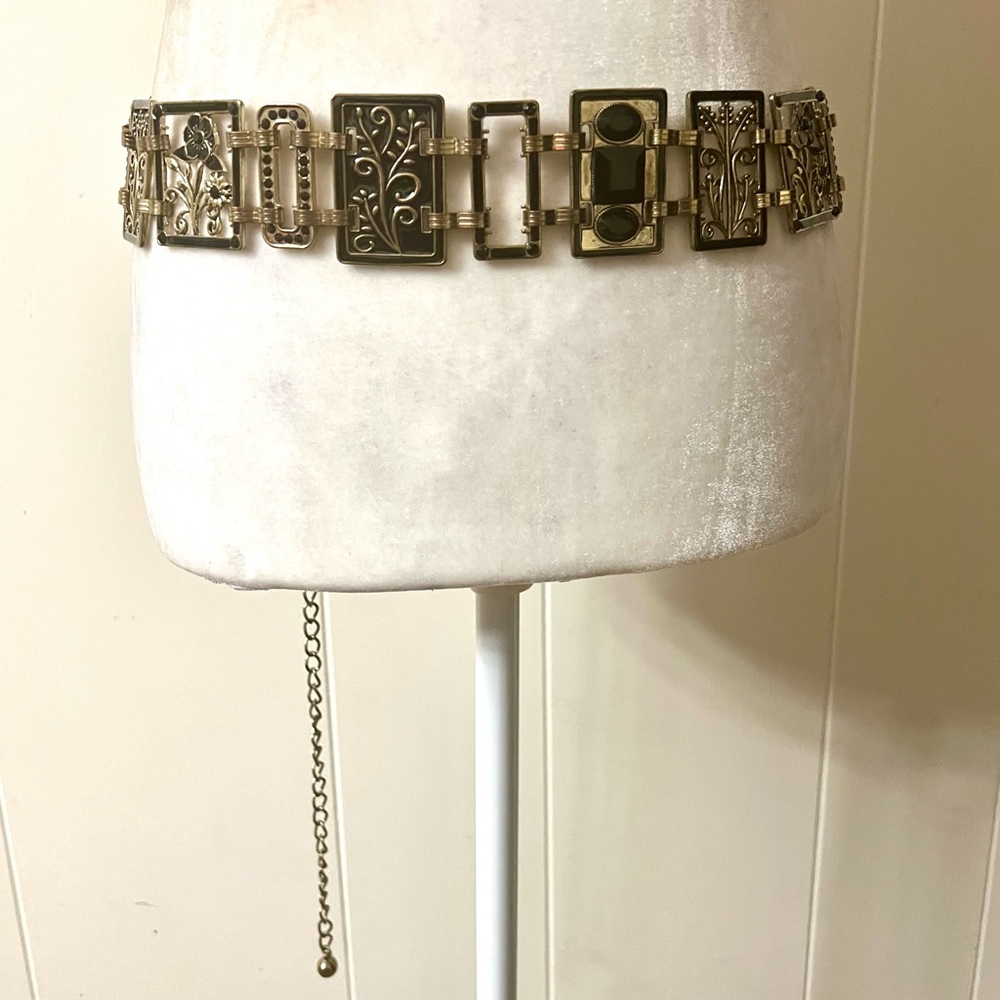 Vintage art deco belt gold & black floral geometric chain adjustable boho EUC - Picture 8 of 14